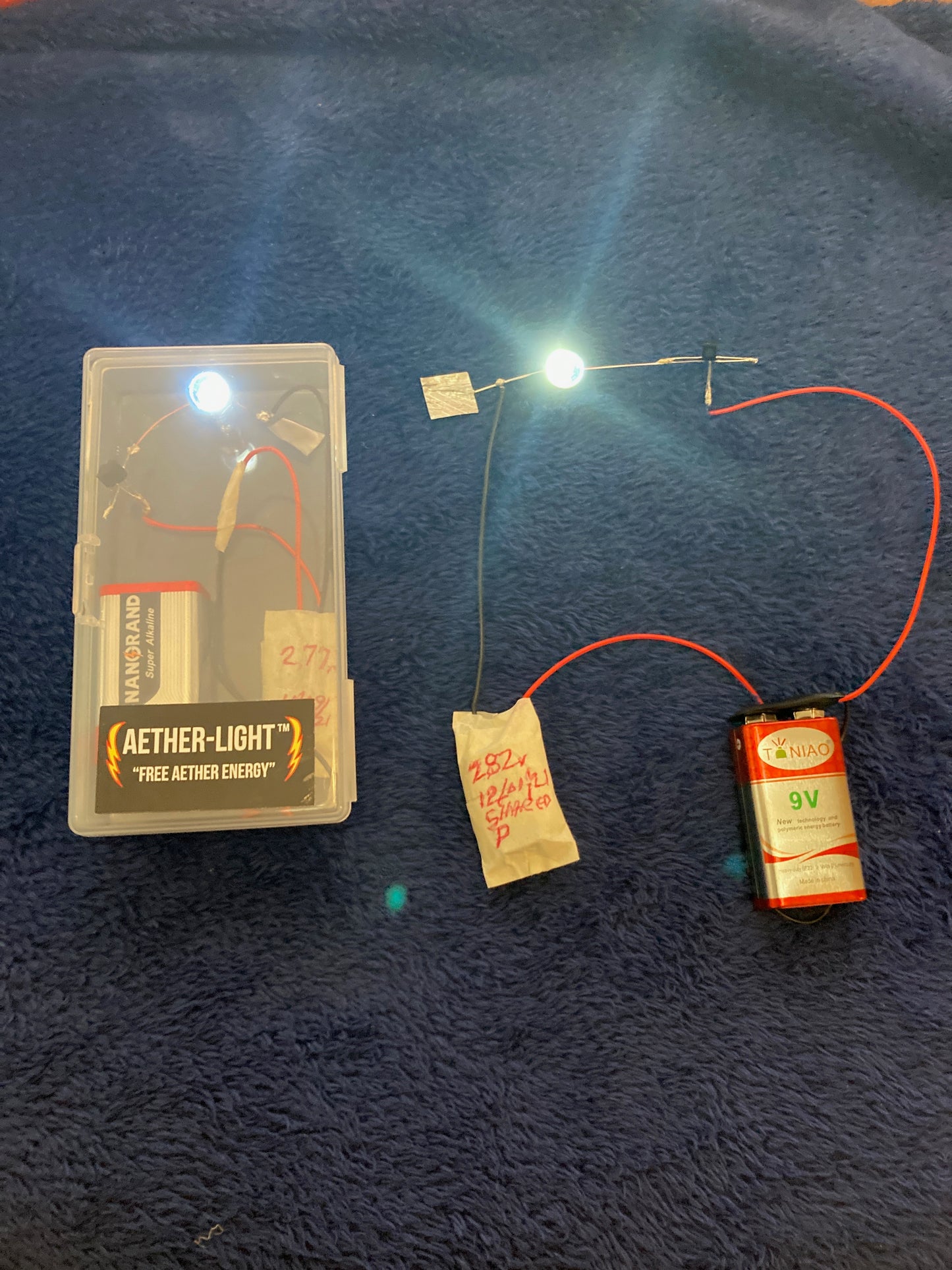 "Aether-Light" Worlds First Free Aether Energy" Lights an LED for three years using "AETHER Pack" and 9 volt battery still has 9 volts after three years. $50.00